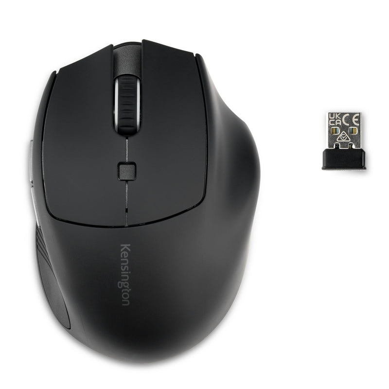 Top view of the Kensington MY435 EQ wireless mouse in black beside its small USB receiver