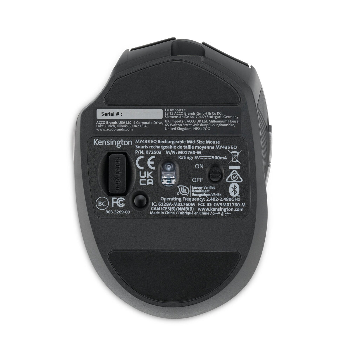 Underside of the Kensington MY435 EQ wireless rechargeable mouse with on and off switch, sensor and product label