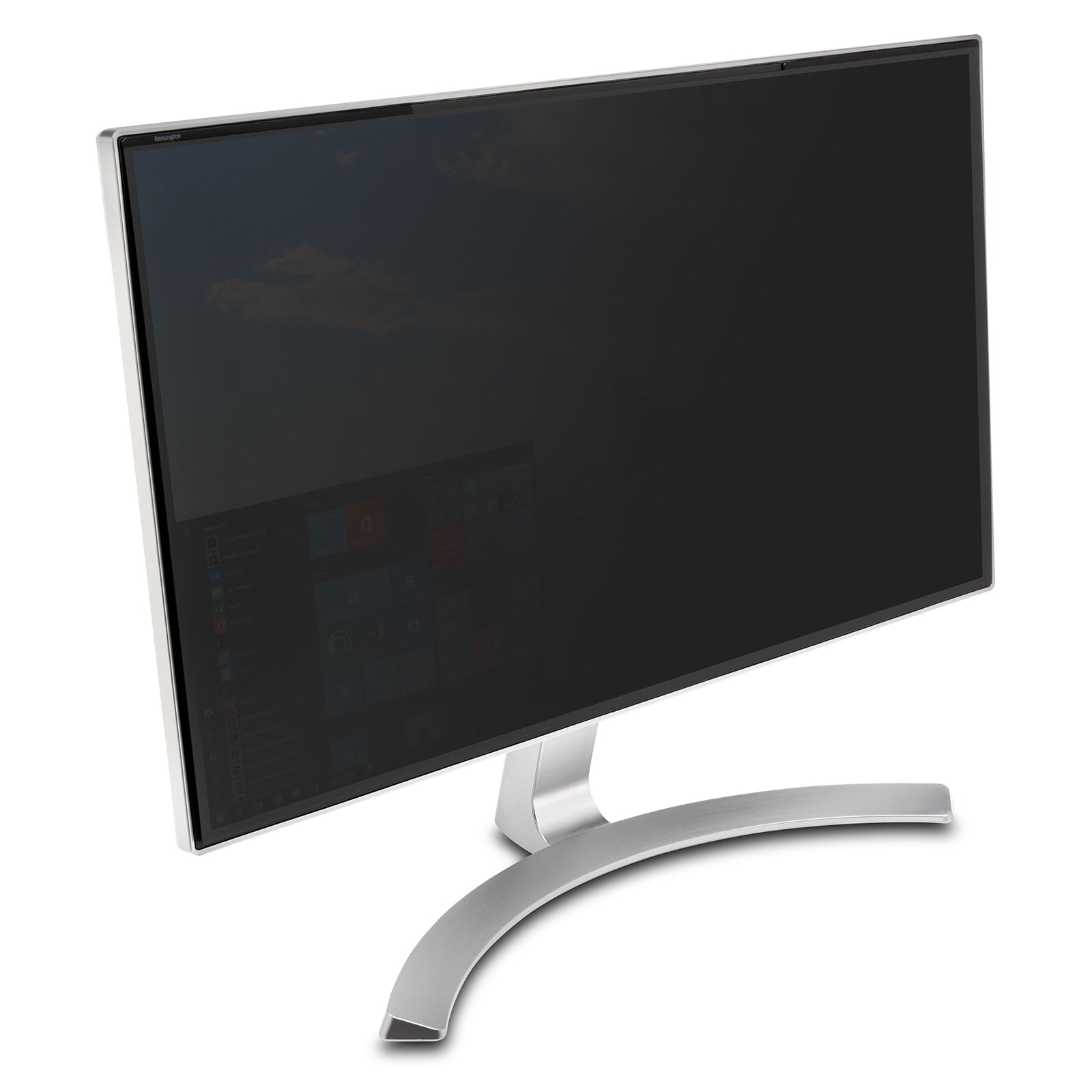 Angled monitor view showing the privacy screen actively reducing visibility from side perspectives while preserving privacy and confidentiality for the primary user.