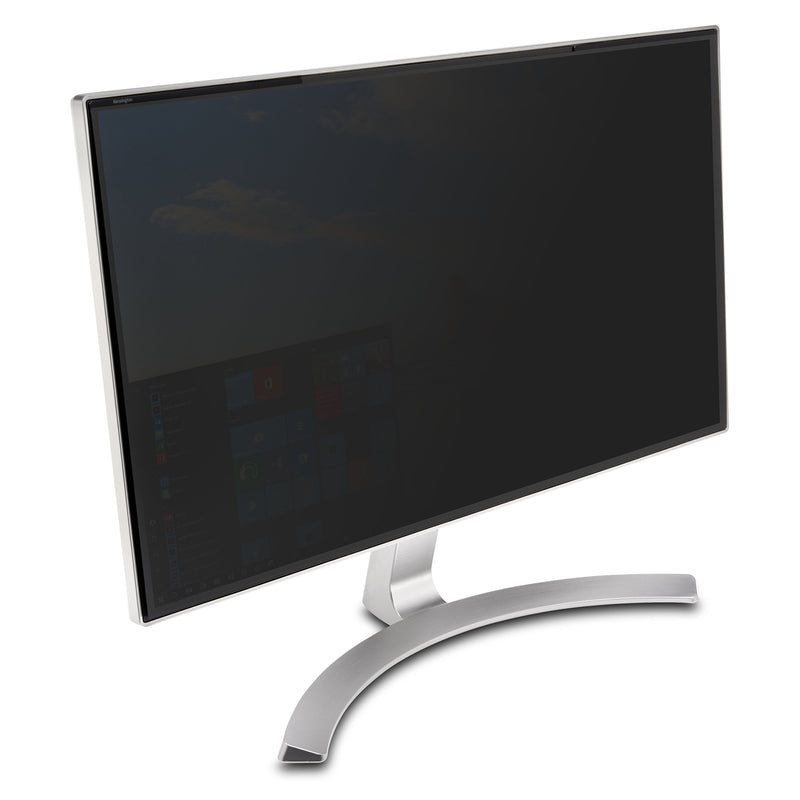 Angled monitor view showing the privacy screen actively reducing visibility from side perspectives while preserving privacy and confidentiality for the primary user.