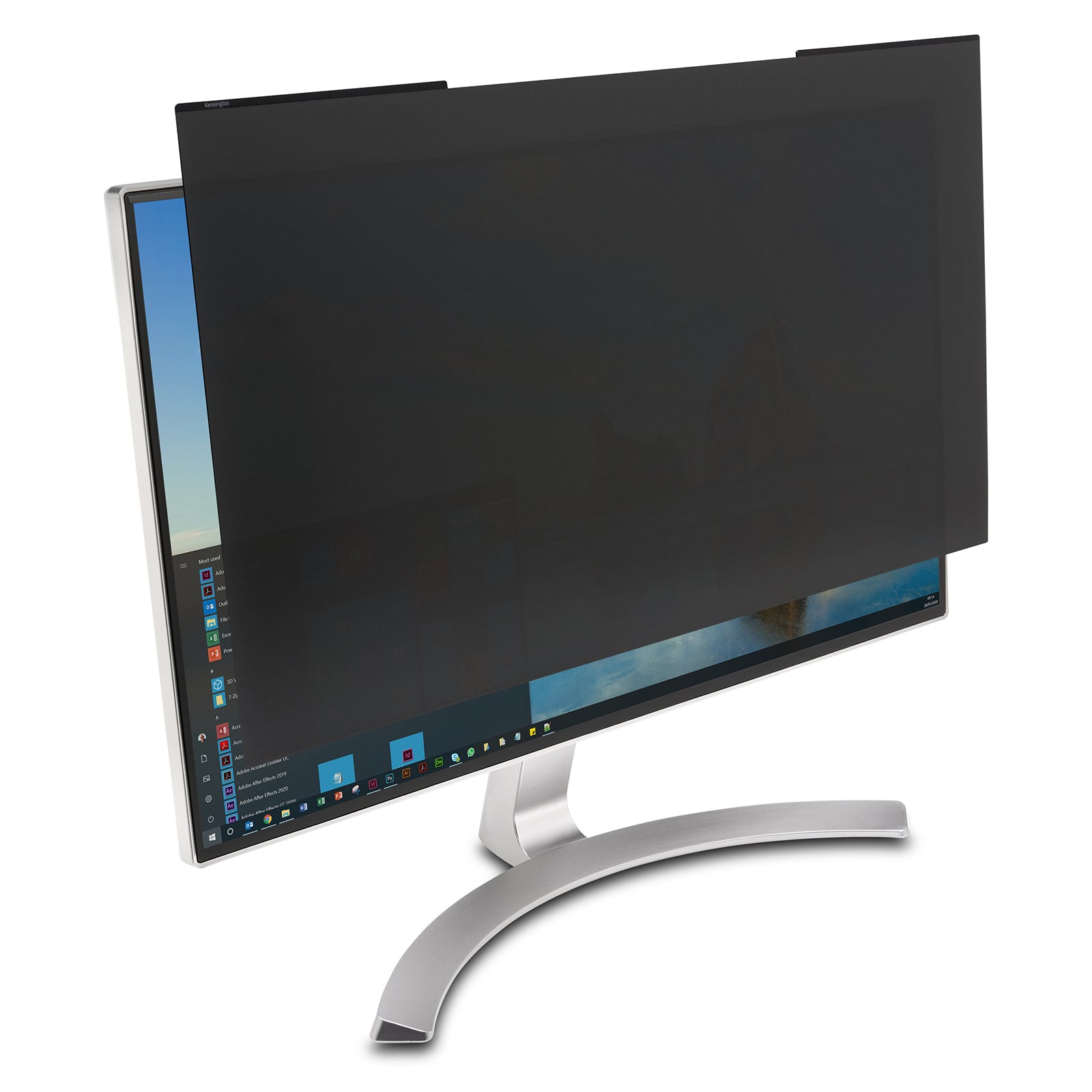 Demonstration of the magnetic privacy filter positioned over a monitor display, highlighting easy attachment and removal while providing effective screen privacy protection in office environments.