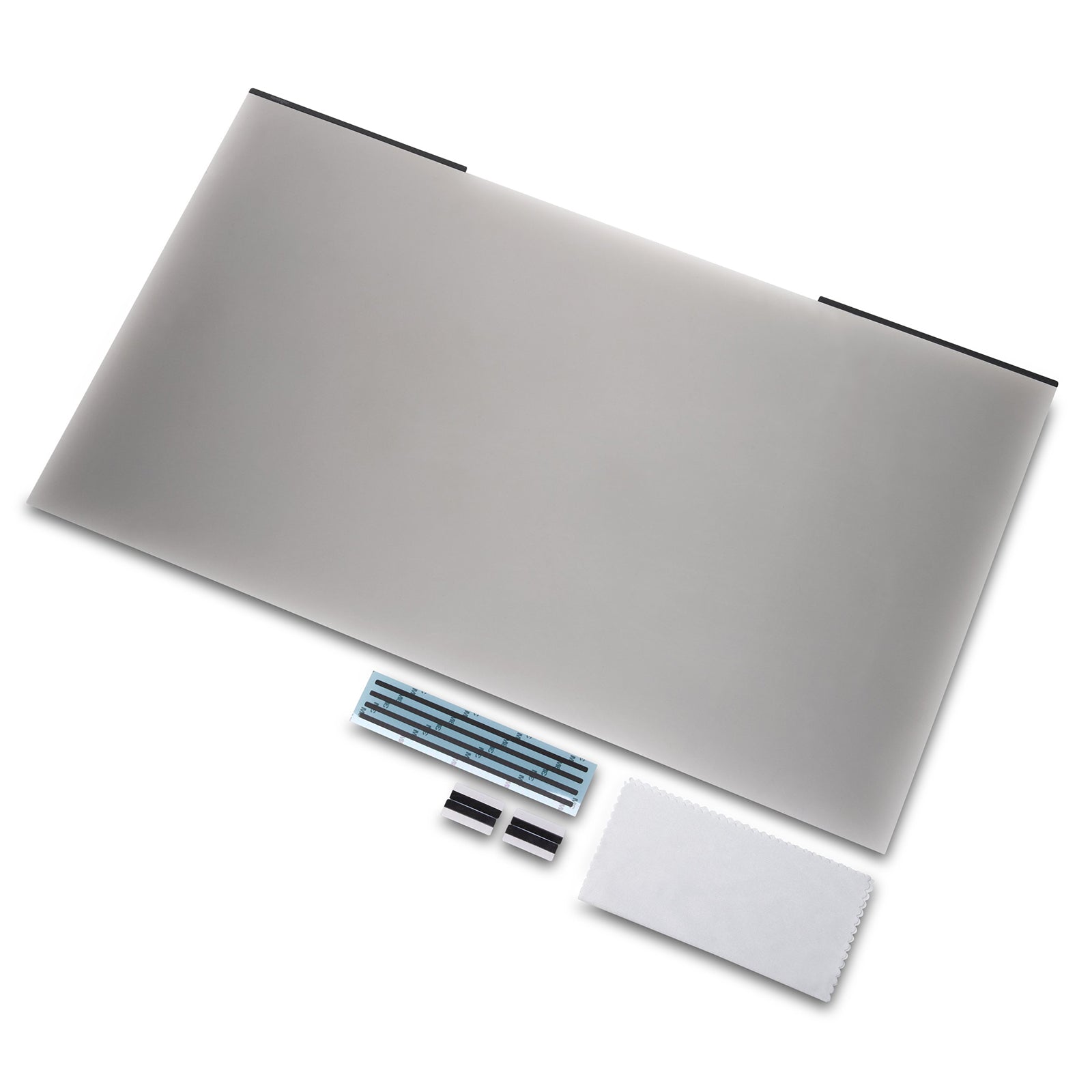 Kensington MagPro magnetic privacy screen kit displayed with the privacy filter, magnetic mounting strip, attachment accessories and cleaning cloth. The image highlights the complete installation package designed for 24 inch 16:10 monitors.