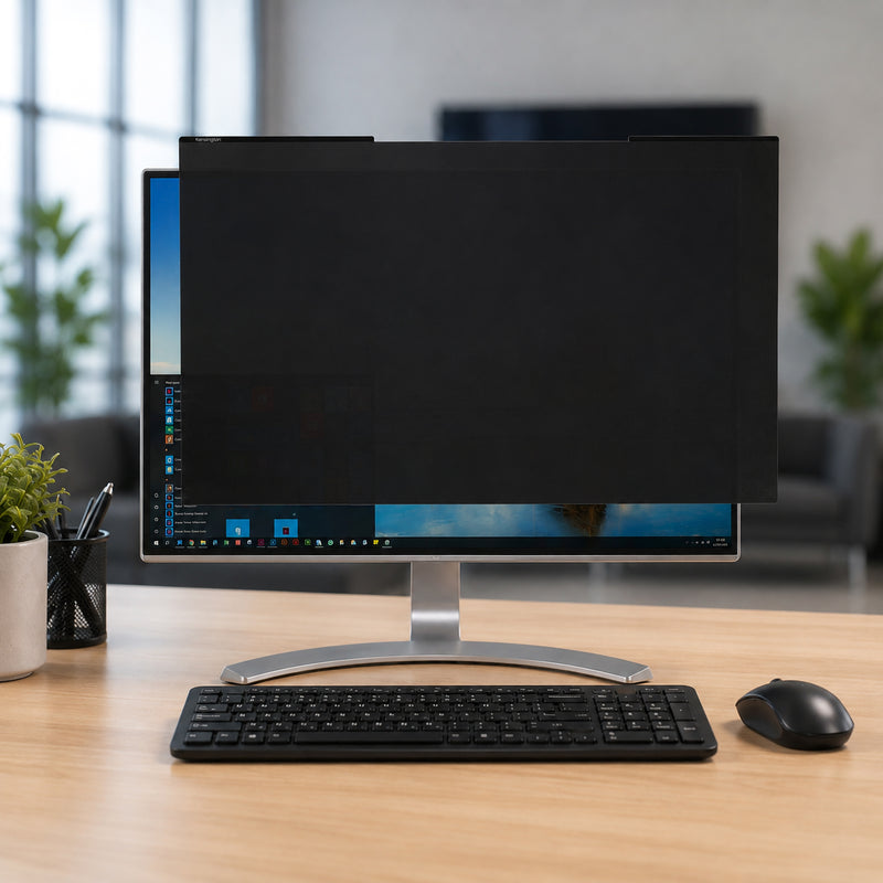 Modern workspace with a 24 inch monitor fitted with the magnetic privacy filter. The screen protector helps safeguard private data while maintaining a clean professional appearance. Desk accessories, keyboard and office décor highlight its suitability for corporate offices, home offices and shared workstations.