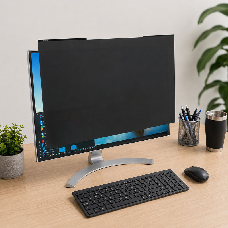Front facing view of a widescreen monitor equipped with the Kensington MagPro privacy screen. The image demonstrates the restricted viewing area, showing how sensitive content remains visible only to the user directly in front of the display while reducing visibility from surrounding positions.
