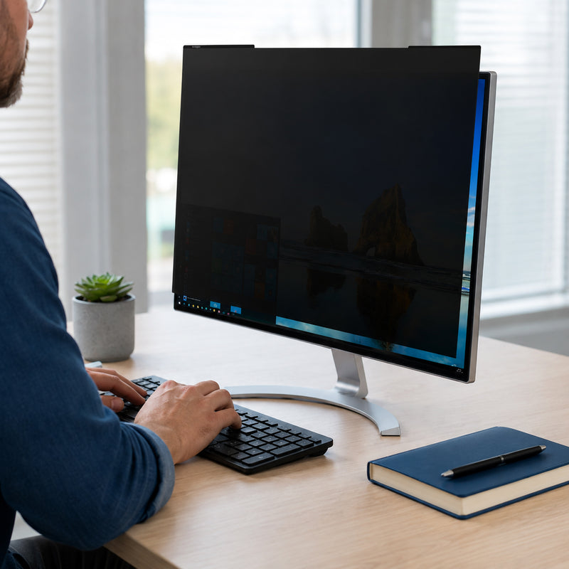 Professional office setting featuring a 24 inch monitor fitted with the Kensington MagPro Magnetic Privacy Screen. A user works comfortably at a desk while the privacy filter darkens the display from side angles, helping protect confidential information from nearby viewers in open office environments.