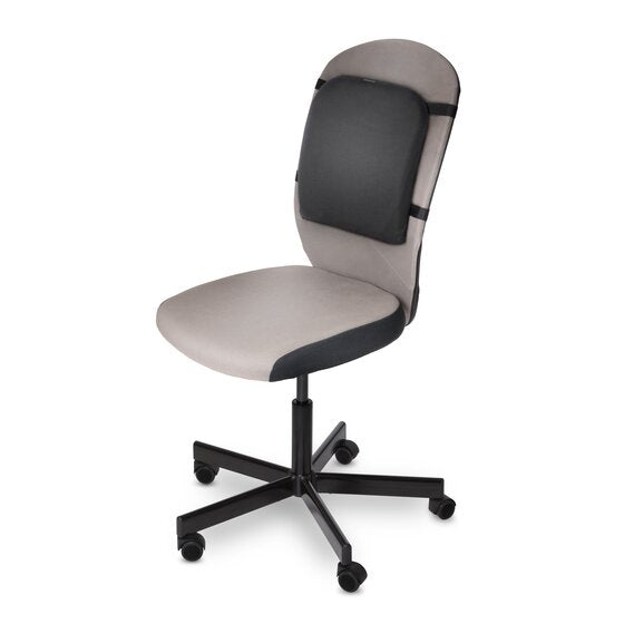 Kensington Memory Foam Back Rest 82025 fitted to a grey office chair, seen from the front three quarter angle with the strap around the chair back