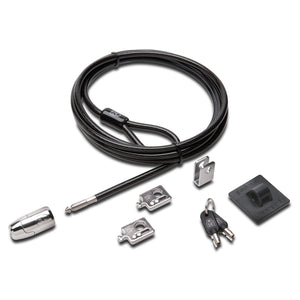 Product contents displayed on a neutral background including the carbon steel cable, lock head, anchor plate, adapters, cable trap and security keys. The image clearly shows all components included within the Kensington MicroSaver 2.0 T Bar Peripherals Kit.