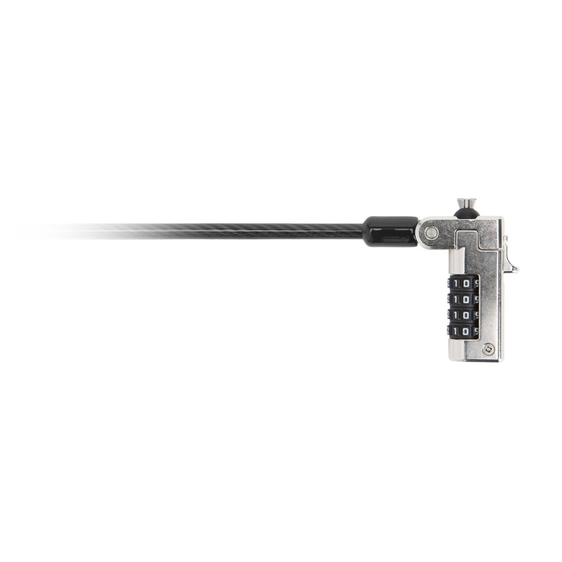 Angled view of the black Kensington N17 combination laptop lock showing the dial wheels and cut resistant plastic sheathed cable on a white background