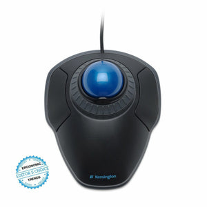 Top view of the Kensington Orbit Trackball with Scroll Ring in black with the blue ball and an award badge