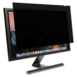 Exploded product view displaying the privacy screen positioned in front of a monitor to illustrate installation and coverage, highlighting privacy protection and screen security benefits.