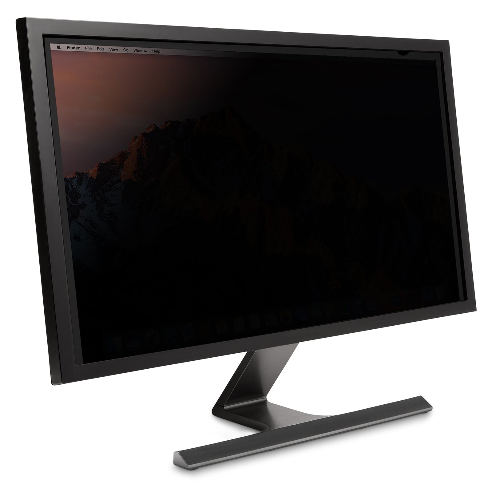 Angled monitor display showing the privacy filter actively reducing screen visibility from side viewing positions while maintaining a clean and secure workstation appearance.