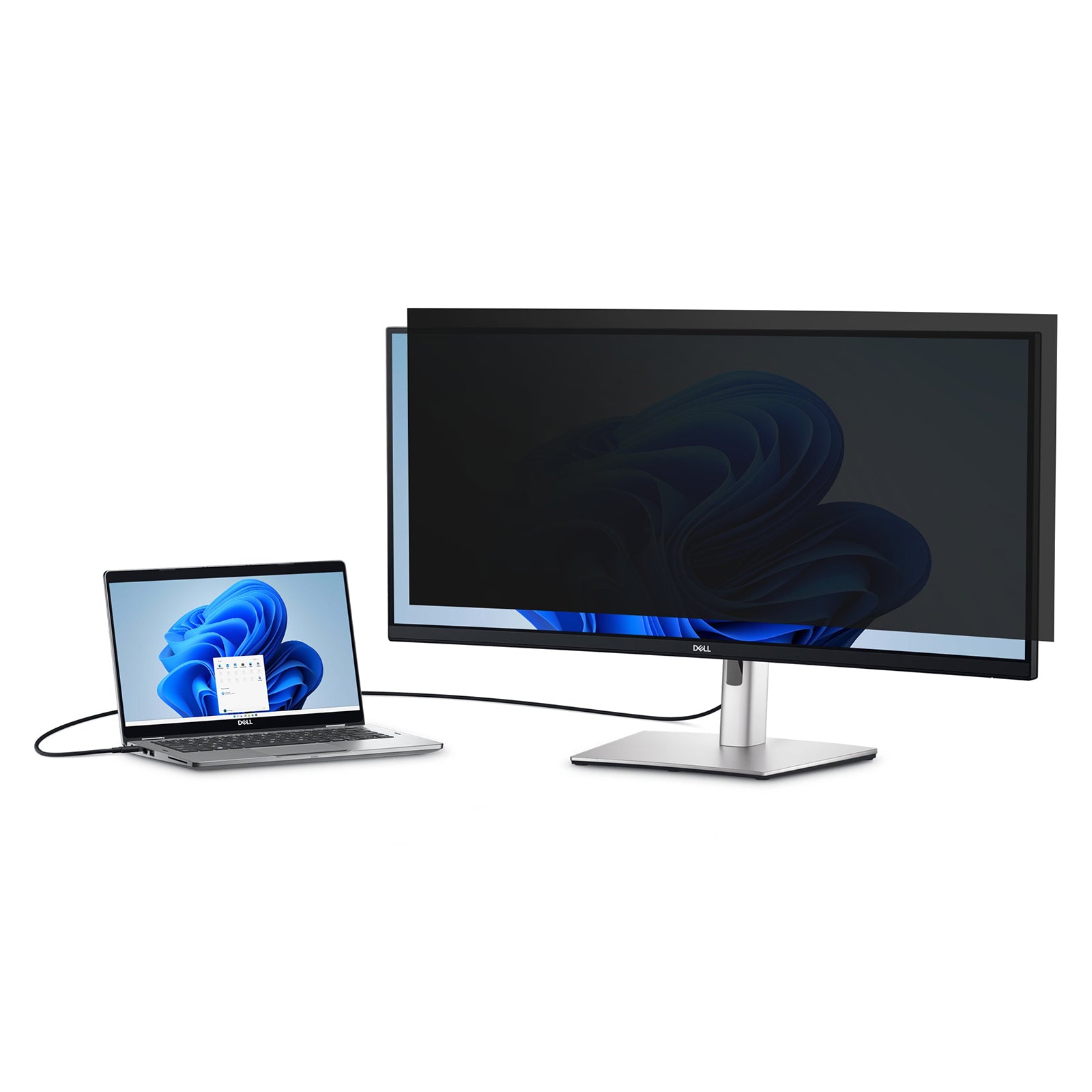 Demonstration of privacy protection on an ultrawide monitor connected to a laptop. The privacy filter obscures on screen content from side viewers while allowing clear viewing directly in front of the display.