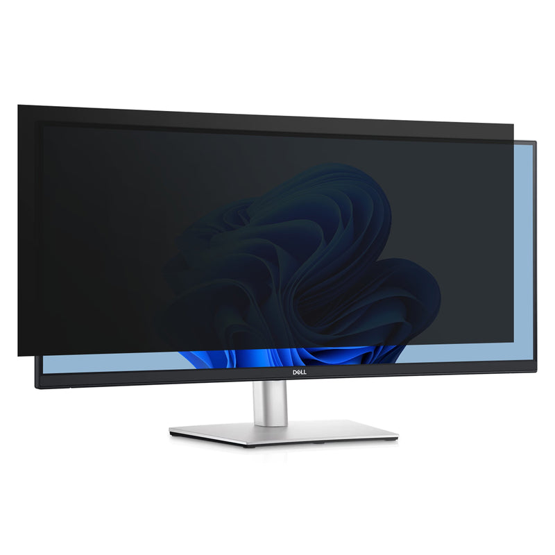 Front angled view of a 34 inch widescreen monitor fitted with the Kensington privacy screen filter. The image illustrates reduced visibility from off angle viewing while maintaining a professional appearance and screen protection.