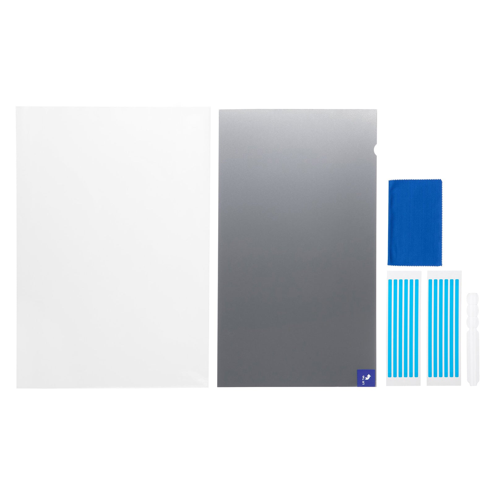 Product contents laid out on a white background including the privacy screen filter, protective cover sheet, cleaning cloth, mounting strips and installation accessories supplied with the Kensington privacy screen kit.