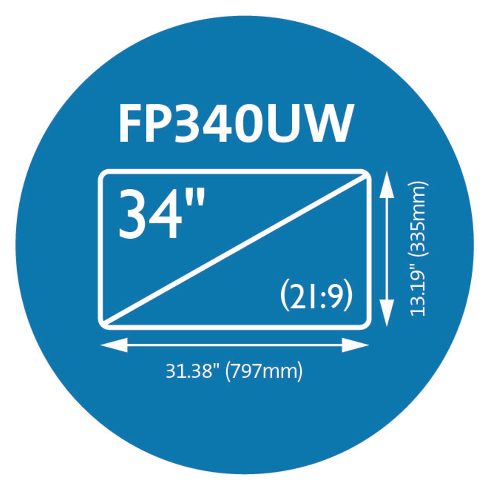 Technical illustration showing compatibility with 34 inch ultrawide monitors featuring a 21:9 aspect ratio and screen dimensions of approximately 797mm by 335mm.