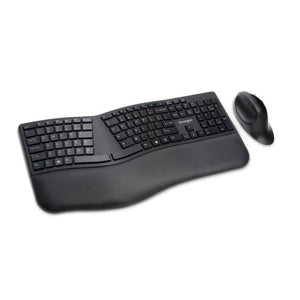 Kensington Pro Fit Ergo Wireless Keyboard and Mouse in black, angled view of the split keyboard and vertical mouse