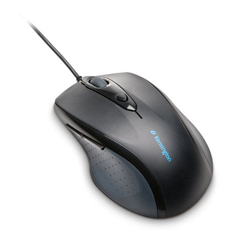 Kensington Pro Fit full size wired mouse in black, angled view showing the textured grey side grip and blue Kensington logo