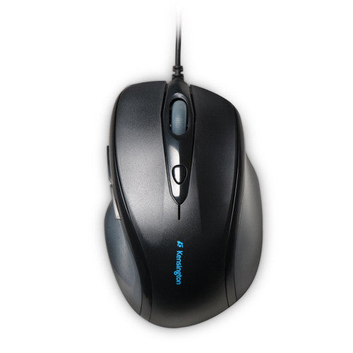 Top view of the Kensington Pro Fit full size wired mouse in black with scroll wheel, pointer speed button and USB cable