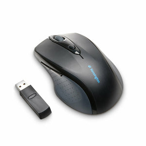 Kensington Pro Fit full size wireless mouse in black shown angled beside its USB wireless receiver