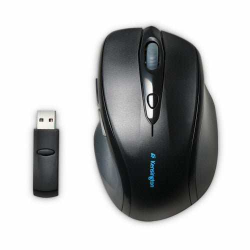 Top view of the Kensington Pro Fit full size wireless mouse in black with the USB receiver alongside
