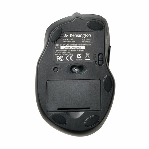 Underside of the Kensington Pro Fit full size wireless mouse showing the battery cover, connect button and on and off switch