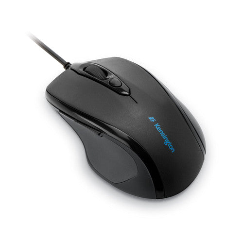 Kensington Pro Fit mid size wired mouse in black, angled view showing the scroll wheel, button below it and thumb side buttons