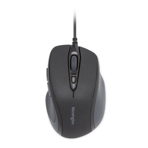 Top view of the Kensington Pro Fit mid size wired mouse in black with its USB cable leading from the front