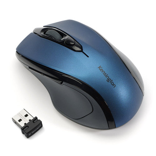 Kensington Pro Fit mid size wireless mouse in metallic blue and black, angled with its nano USB receiver in front