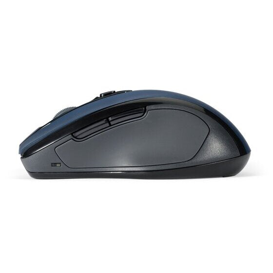 Side profile of the blue Kensington Pro Fit mid size wireless mouse showing the two thumb buttons and contoured grip