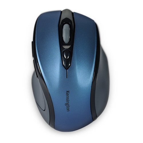 Top view of the blue Kensington Pro Fit mid size wireless mouse showing the scroll wheel, button below it and grey side grips