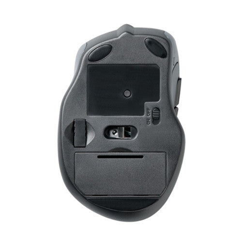 Underside of the Kensington Pro Fit mid size wireless mouse showing the battery cover, sensor and switch