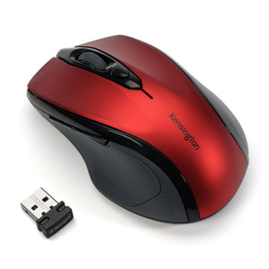 Kensington Pro Fit mid size wireless mouse in metallic red with black trim, angled beside its nano USB receiver