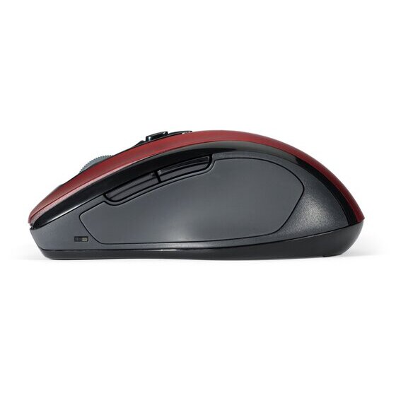 Red Kensington Pro Fit mid size wireless mouse seen side on, with two thumb buttons above the grey grip