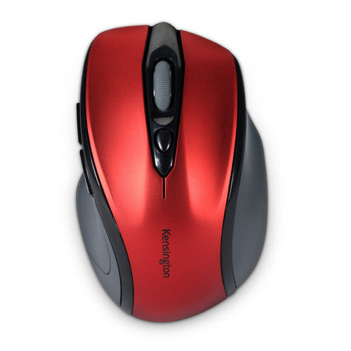 Overhead view of the red Kensington Pro Fit mid size wireless mouse with glossy black centre panel and grey grips