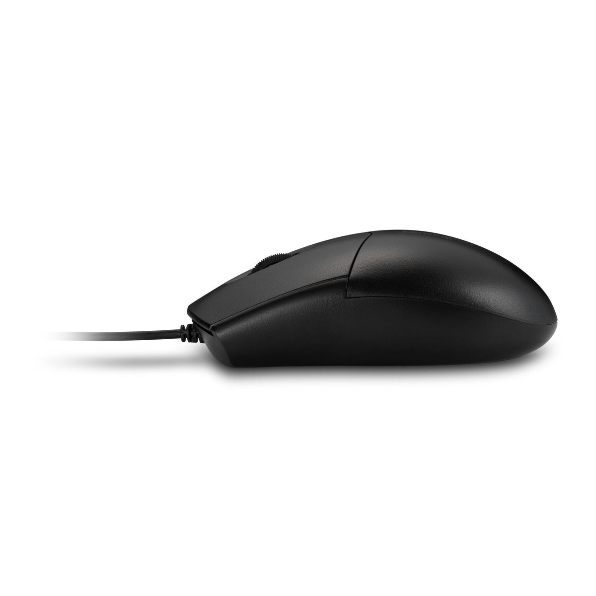 Side profile of the Kensington Pro Fit washable wired mouse in black with cable leading from the front