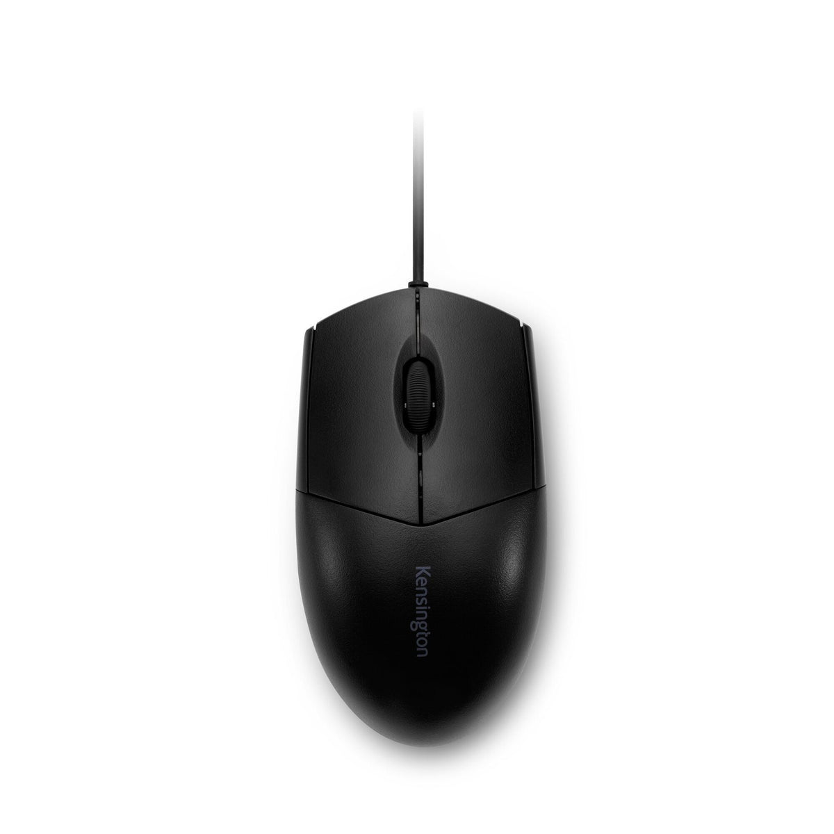 Top view of the black Kensington Pro Fit washable wired mouse showing the scroll wheel and ambidextrous shape