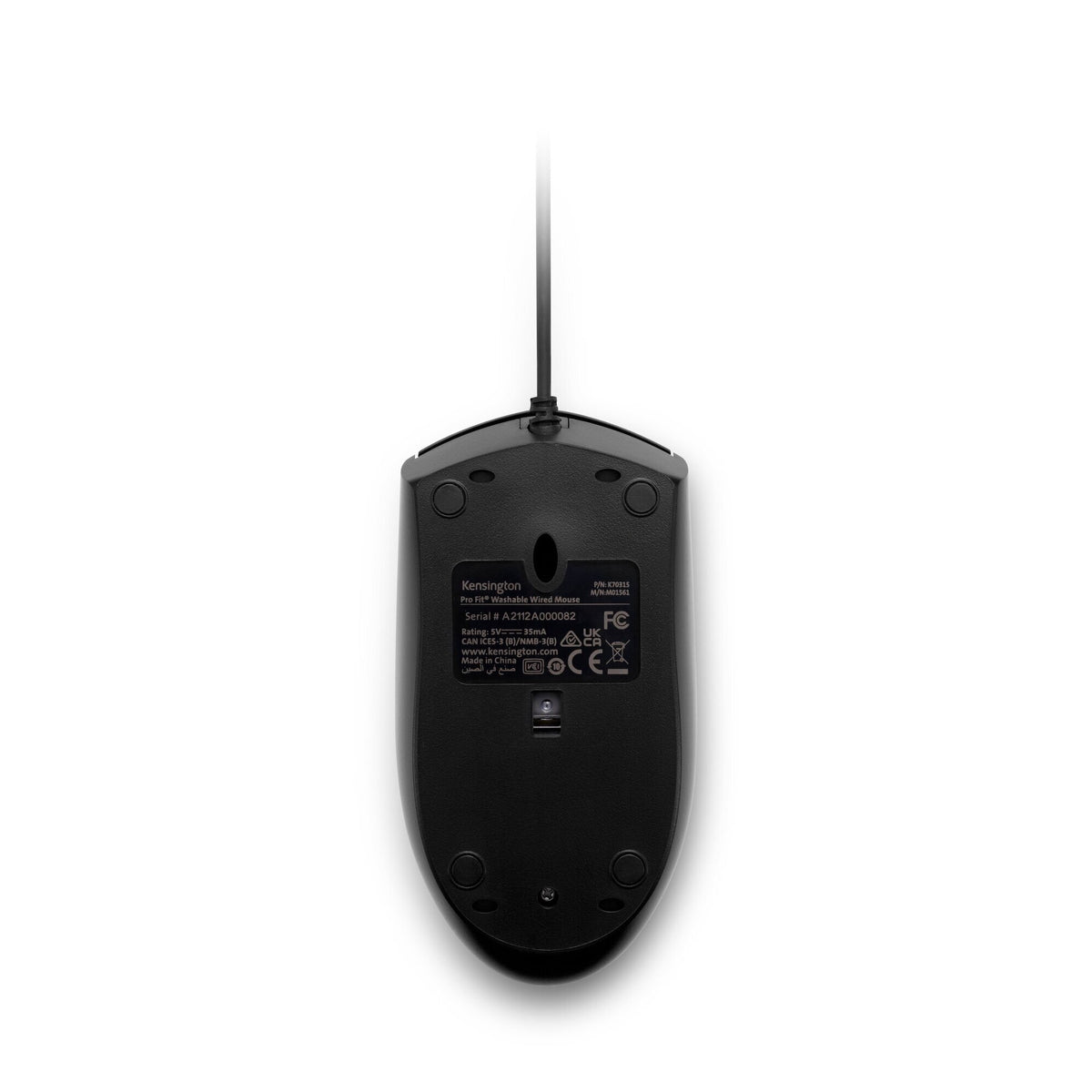 Underside of the Kensington Pro Fit washable wired mouse showing the product label and optical sensor