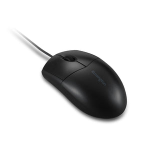 Kensington Pro Fit washable wired mouse in matte black, angled view of the smooth symmetrical shell and scroll wheel with cable