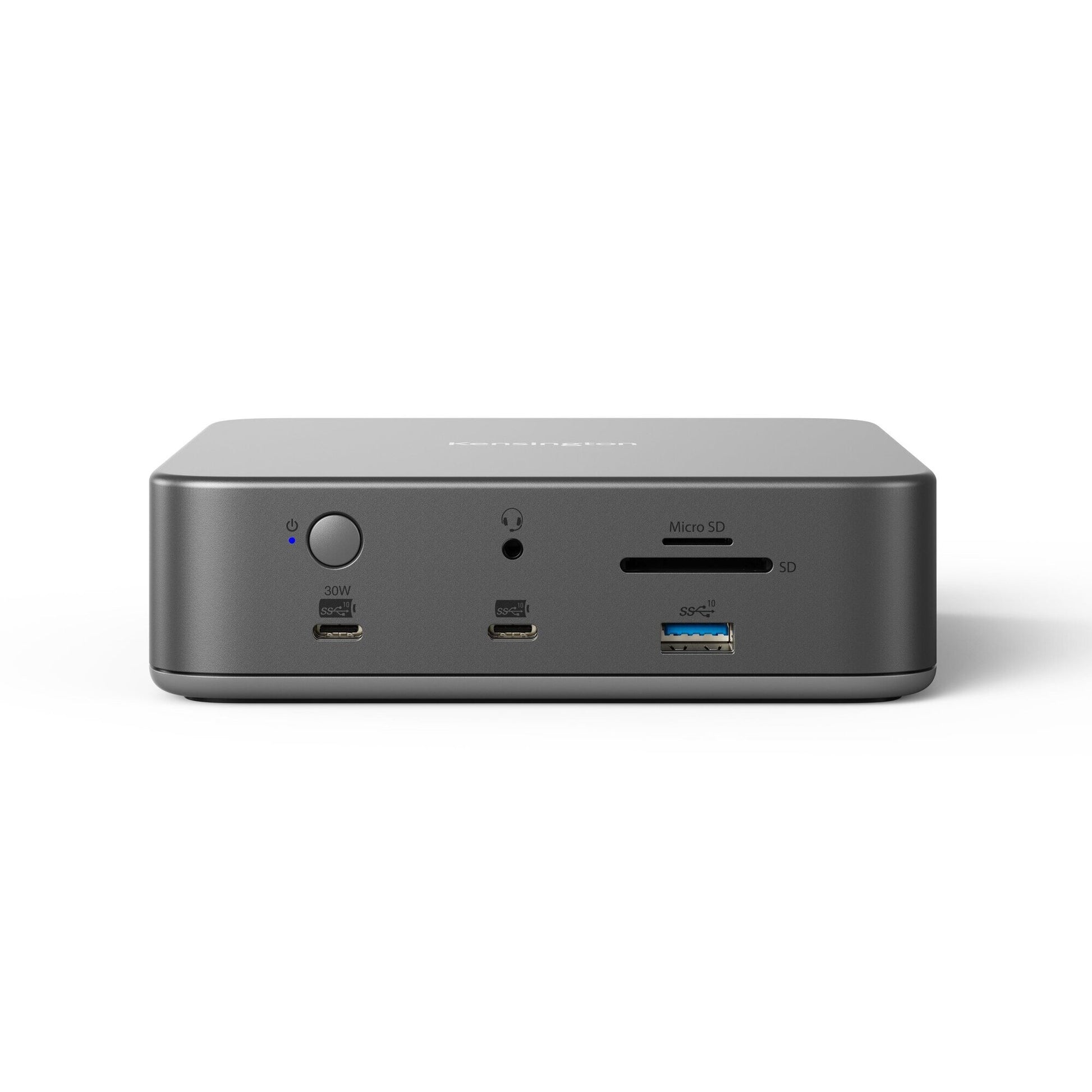 Front panel of the Kensington SD5010T5 dock showing two USB-C 10Gbps ports, one USB-A 10Gbps port, SD and Micro SD card slots, 3.5mm audio jack and power button
