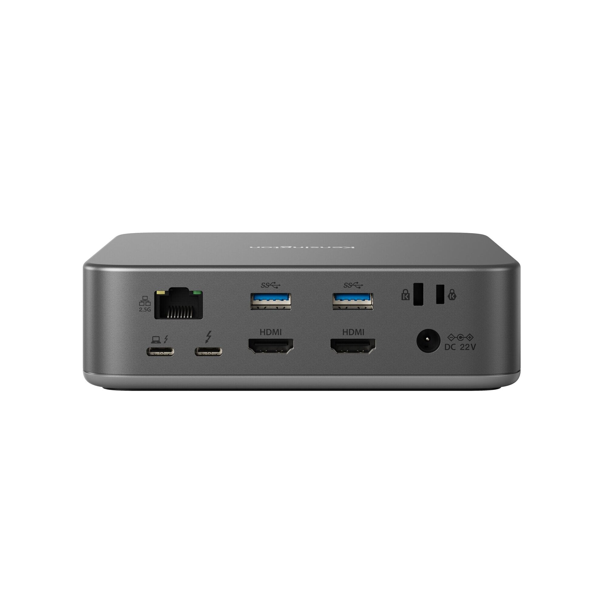 Rear panel of the Kensington SD5010T5 dock with 2.5Gbps Ethernet, two USB-A ports, two HDMI 2.1 ports, Thunderbolt 5 host and downstream ports and DC power input