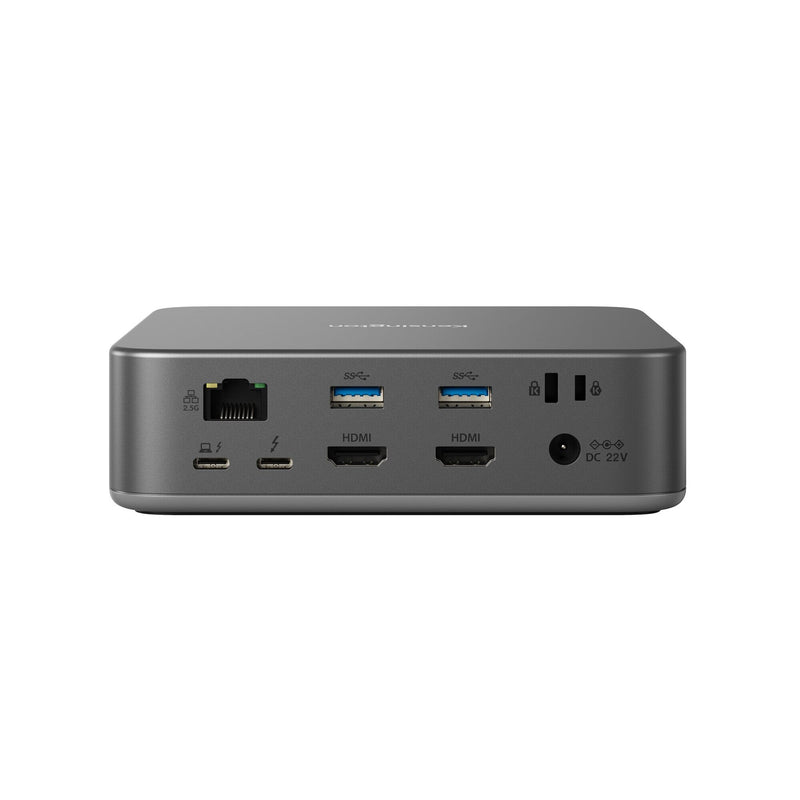 Rear panel of the Kensington SD5010T5 dock with 2.5Gbps Ethernet, two USB-A ports, two HDMI 2.1 ports, Thunderbolt 5 host and downstream ports and DC power input