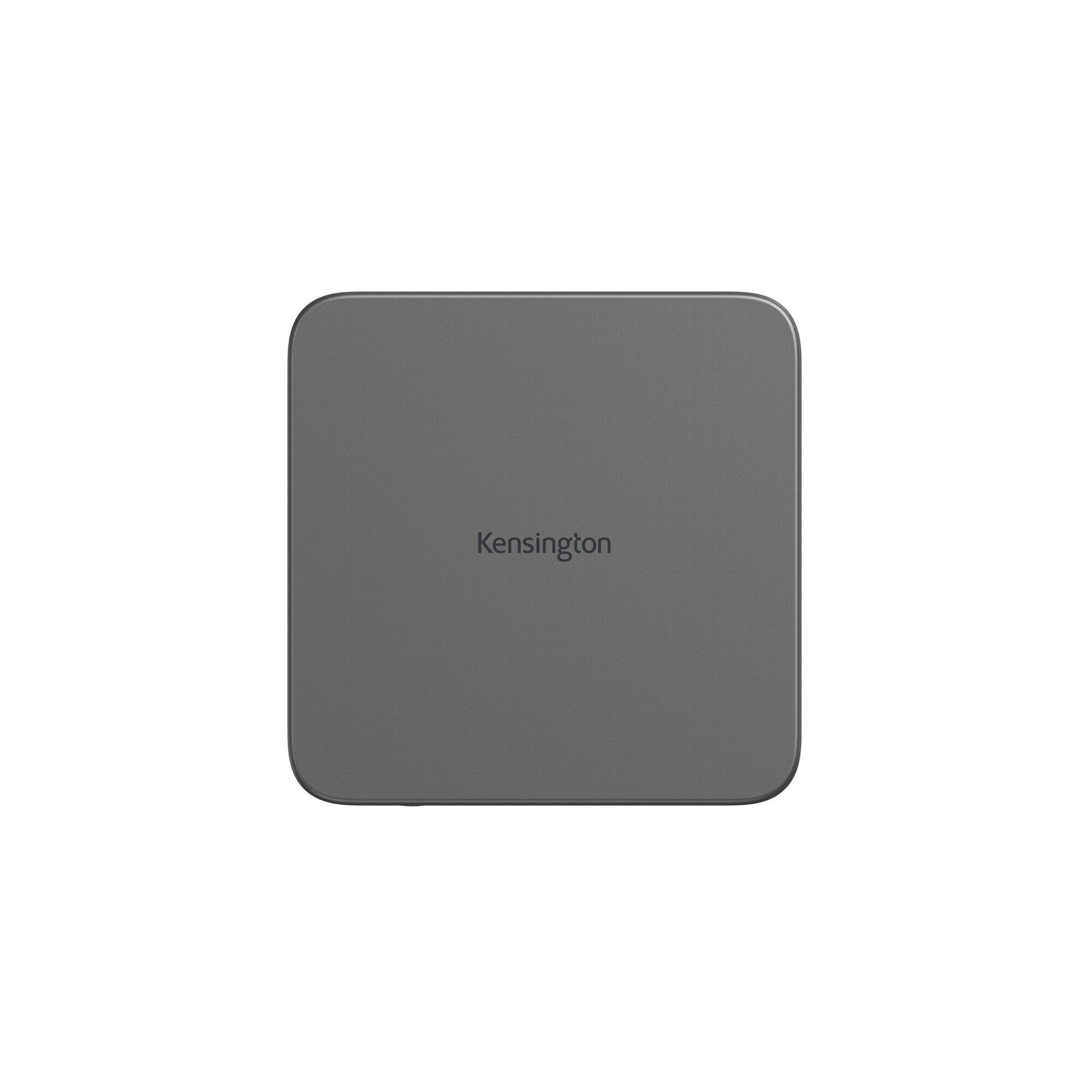 Top view of the square Kensington SD5010T5 dock with brushed space grey anodised aluminium lid and engraved Kensington logo