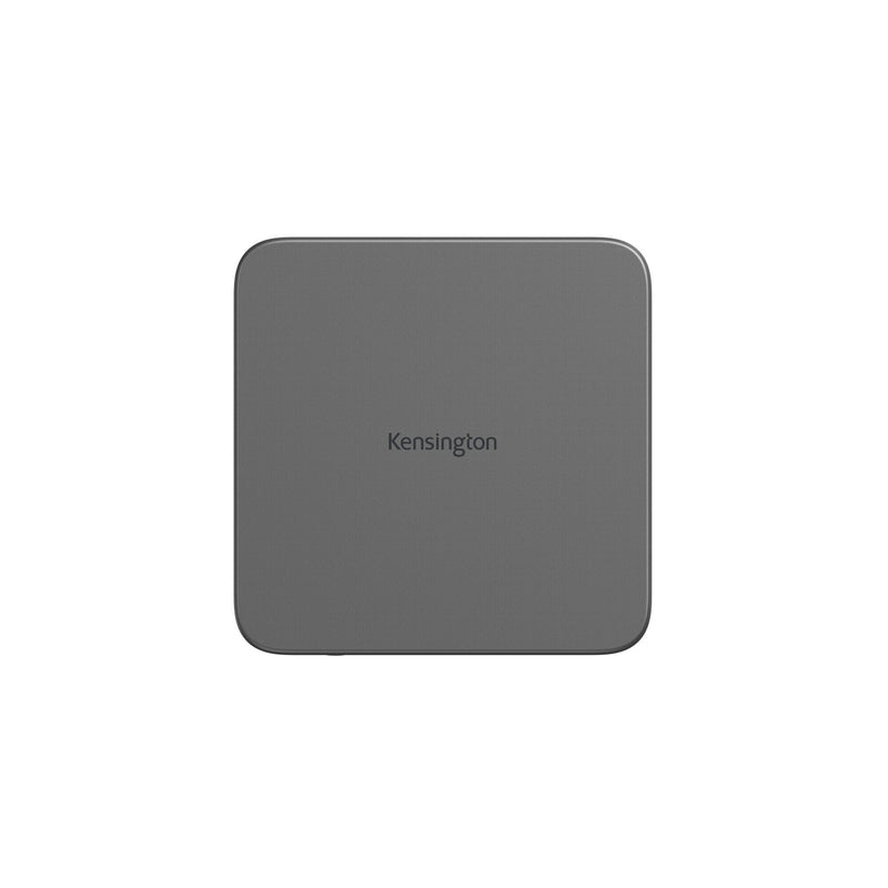 Top view of the square Kensington SD5010T5 dock with brushed space grey anodised aluminium lid and engraved Kensington logo