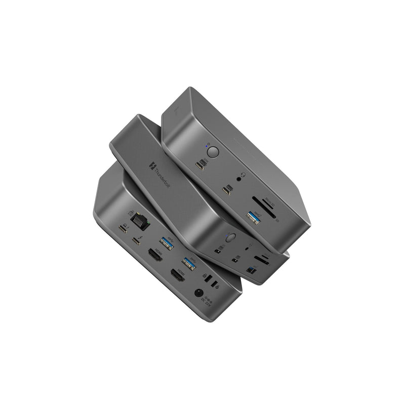 Kensington SD5010T5 dock shown front and rear together with all 13 ports visible including HDMI, Thunderbolt 5, USB-A, USB-C, Ethernet and card readers