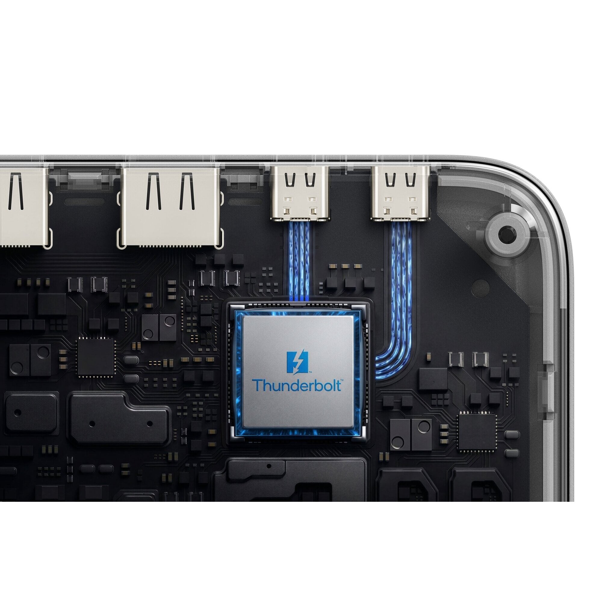 Cutaway illustration of the Kensington SD5010T5 showing the Thunderbolt 5 controller board behind the rear HDMI and USB ports