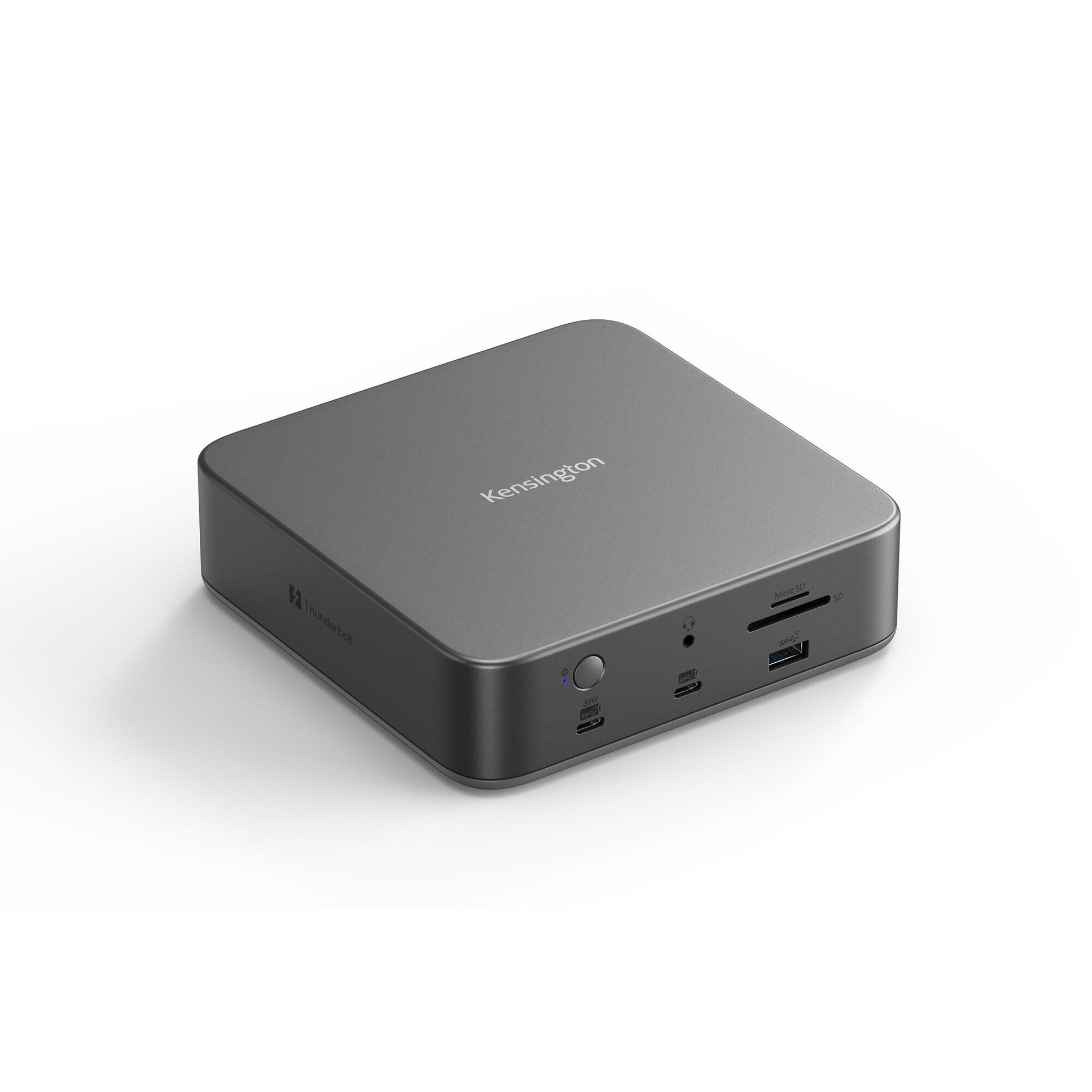 Kensington SD5010T5 EQ Thunderbolt 5 docking station in space grey recycled aluminium, three quarter view on white showing the front USB-C, USB-A, SD card and audio ports
