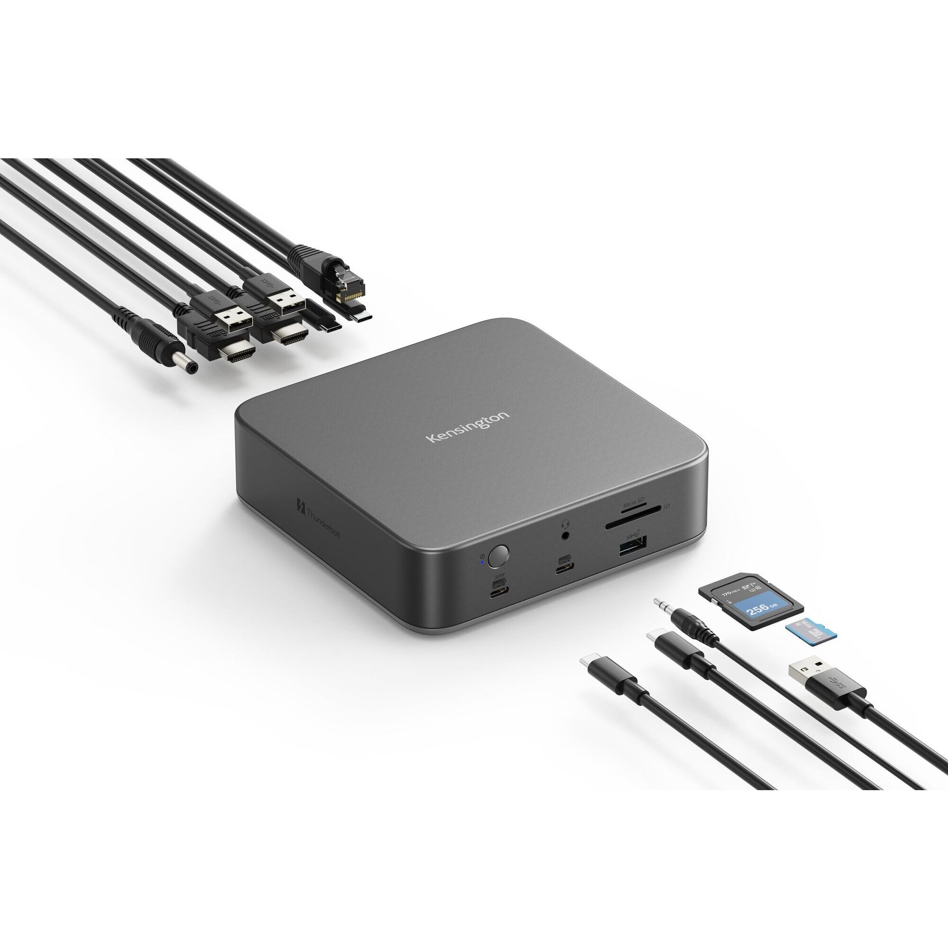 Kensington SD5010T5 dock with Thunderbolt, HDMI and USB cables plugged in and an SD card ready to insert, top down view