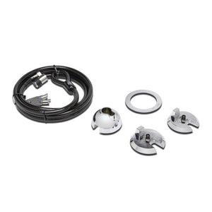 Kensington SafeDome for iMac parts laid out: coiled black cable with lock head, chrome dome, white ring and two round mounting plates