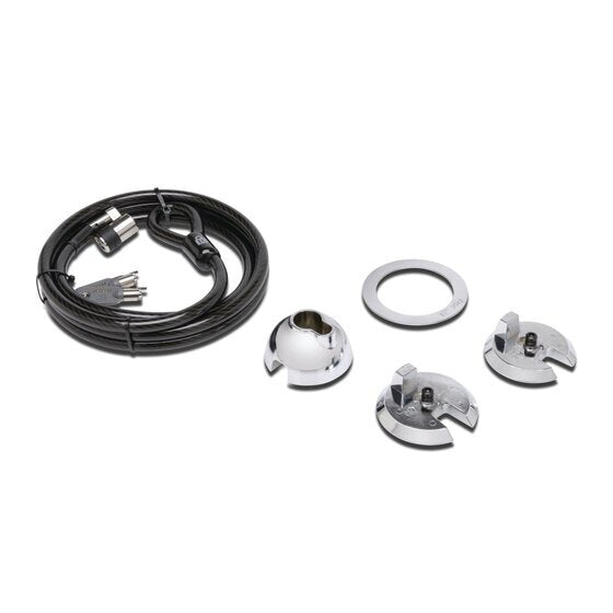 Kensington SafeDome for iMac parts laid out: coiled black cable with lock head, chrome dome, white ring and two round mounting plates