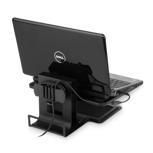 Rear view of a laptop on the Kensington SmartFit Adjustable Laptop Stand with cables routed down the black column